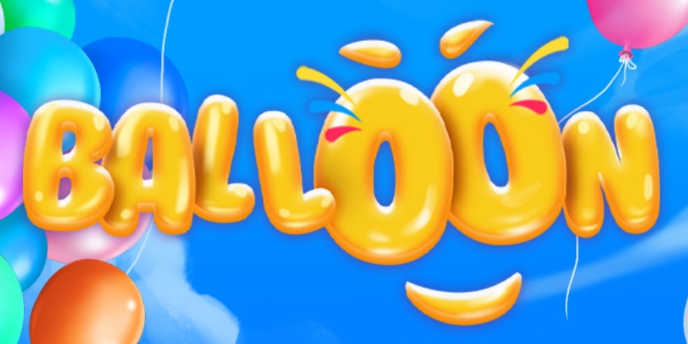 The image shows the word 'BALLOON' written in bright yellow, inflated 3D bubble letters against a vibrant blue background. The letters have a glossy, balloon-like appearance with highlights and shadows. Some of the O's are stylized to look like smiling faces with simple curved lines. Colorful party balloons in pink, blue, and green float around the text, creating a festive and playful atmosphere