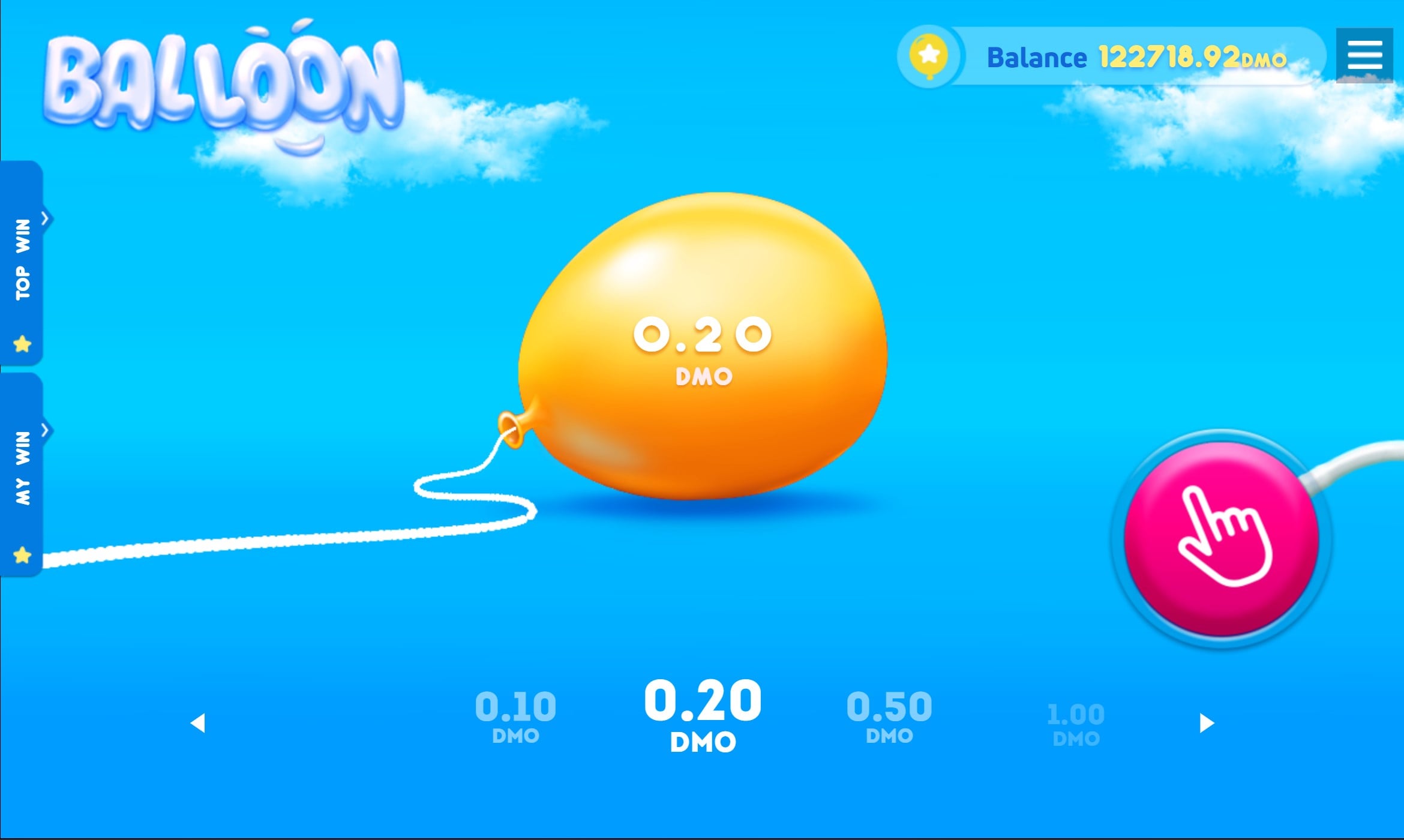 A mobile game interface titled 'BALLOON' with a bright blue background. A yellow balloon displays '0.20 DMO' in the center. The top right shows a balance of '122718.92 DMO'. Below are betting options ranging from 0.10 to 1.00 DMO. A pink button with a hand cursor icon appears on the right side.