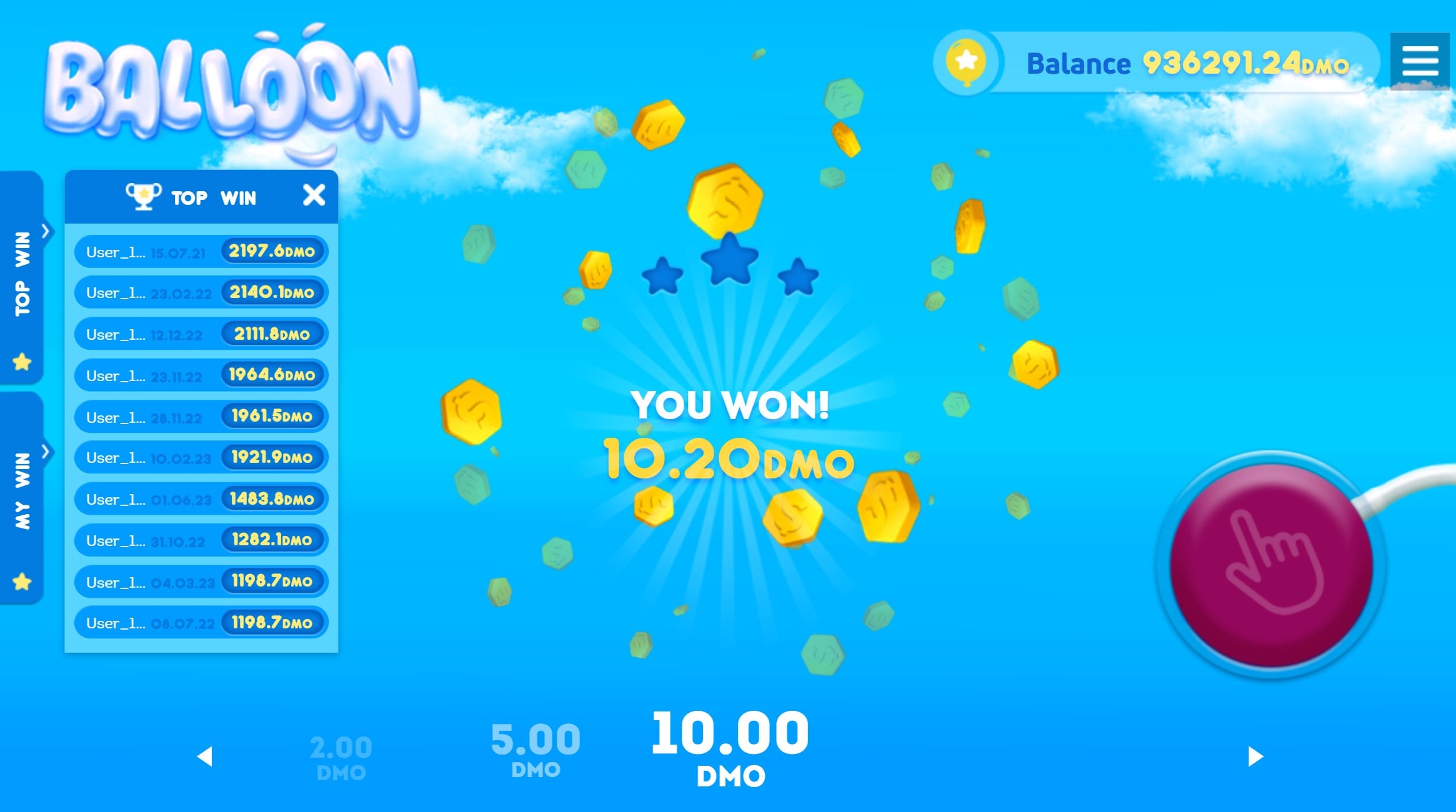 A mobile game interface called 'Balloon' with a bright blue background showing a win screen. The player won 10.20 DMO with golden coins and blue stars animation. The screen displays a leaderboard on the left showing top wins, current balance of 936291.24 DMO, and betting options of 2.00, 5.00, and 10.00 DMO at the bottom.