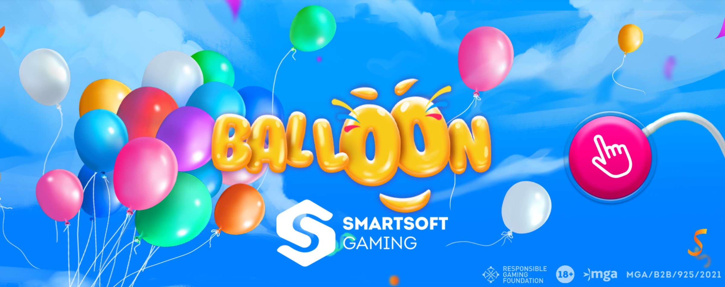 Colorful balloon-themed gaming banner with Smartsoft Gaming logo featuring floating balloons in pink, blue, green, orange, and white against a bright blue sky background. Contains responsible gaming badges and MGA license number